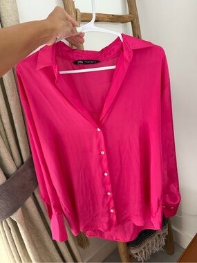 ZARA Hot Pink Satin Button Down Blouse  Size Small